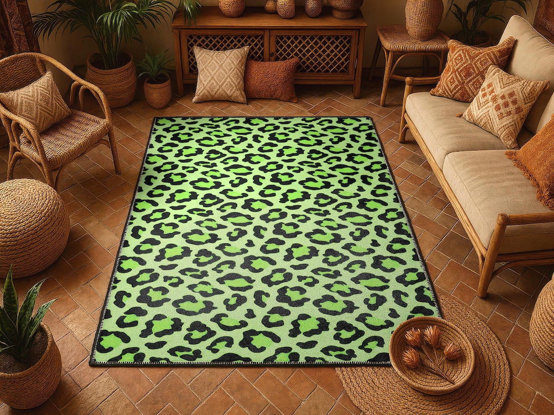 Neon Green Leopard Print Rug - Modern Animal Pattern Home Decor - Etsy