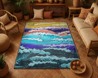 Japanese Wave Area Rug: Hokusai Style Art, Non-Slip