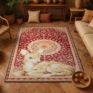 Persian Style Deer Medallion Rug Traditional Area Rug Vintage Oriental Design Red Gold Living Room Bedroom Floor Decor Antique Pattern
