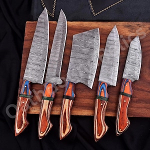 Handmade Damascus Steel Kitchen Knife Set-Fully Vintage 5 Pcs Chef Knife Set-Perfect Anniversary Gift-Wedding Gift-Custom Text Engraving