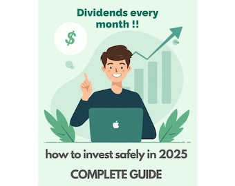 Op de afbeelding: Illustratie die passief inkomen promoot. Een lachende persoon gebruikt een laptop. De afbeelding bevat de tekst: "PASSIVE INCOME", "Dividends every month !!", "how to invest safely in 2025" en "COMPLETE GUIDE". Een dollarteken en een stijgende grafiek zijn ook inbegrepen.