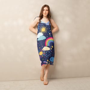 Whimsical Celestial Slip Dress – Rainbow, Sun & Stars Print Midi Dress