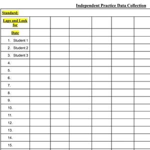Könnte beinhalten: Eine schwarz-weiße Datenerfassungstabelle mit dem Titel "Independent Practice Data Collection". Die Tabelle enthält Abschnitte für "Standard", "Laps and Look for" und "Date". Sie hat Zeilen für die Schüler von 1 bis 15, mit leeren Feldern für die Dateneingabe.