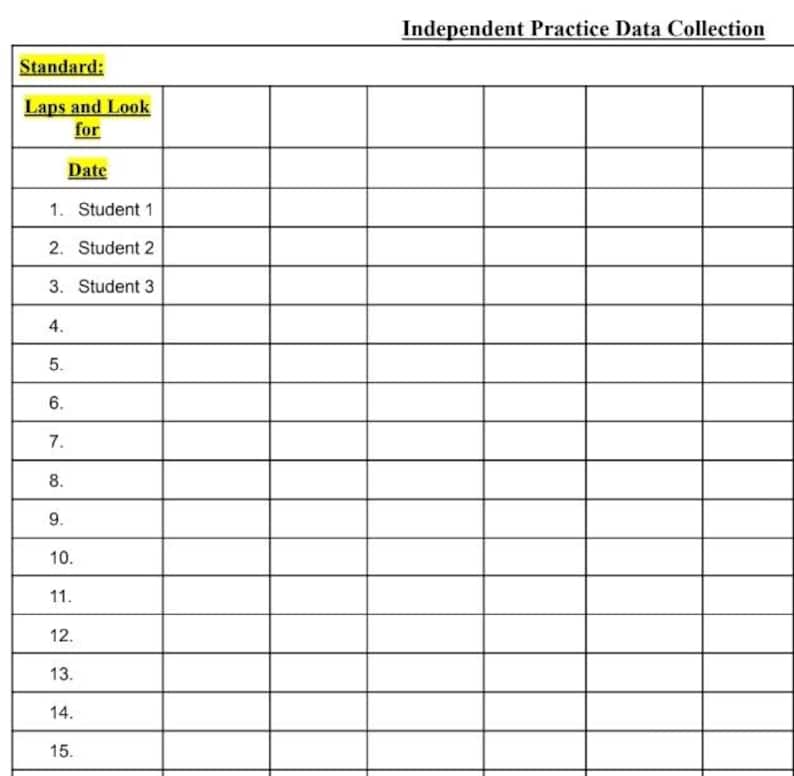 May include: A black and white data collection chart titled "Independent Practice Data Collection." The chart includes sections for "Standard," "Laps and Look for," and "Date." It has rows for students numbered 1 through 15, with blank spaces for data entry.