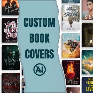 May include: A collage of various book covers featuring diverse artistic themes and titles, centered around a light blue vertical panel with the text CUSTOM BOOK COVERS and a circular logo containing the letters AN with a diagonal line through it.