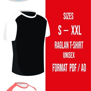 May include: Digital sewing pattern for a unisex raglan t-shirt, sizes S-XXL. The image displays three raglan t-shirts: blue and white, black and white, and coral and white. Text on the image includes "DIGITAL SEWING" and "FORMAT PDF/AO".