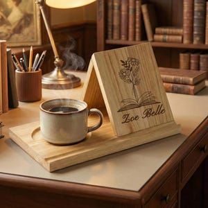 Puede incluir: Un atril de madera con un diseño floral y el texto "Zoe Belle" se encuentra en un escritorio con una taza de café. Una lámpara de escritorio vintage ilumina la escena, con libros y lápices cerca. La escena evoca un rincón de lectura acogedor.