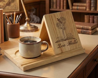 Personalisierte Dreieck Buch Valet Holz Buchhalter, Laser gravierte Nachttisch Organizer mit Tablet Slot, Geschenk für Buchliebhaber