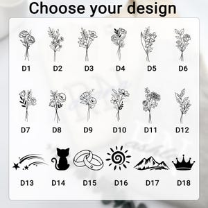 Puede incluir: Una selecci&oacute;n de 18 dise&ntilde;os, incluyendo ramos de flores, un gato, anillos de boda, un sol, monta&ntilde;as, una corona y una estrella fugaz. El texto "Choose your design" est&aacute; en la parte superior. Cada dise&ntilde;o est&aacute; etiquetado con una "D" seguida de un n&uacute;mero.