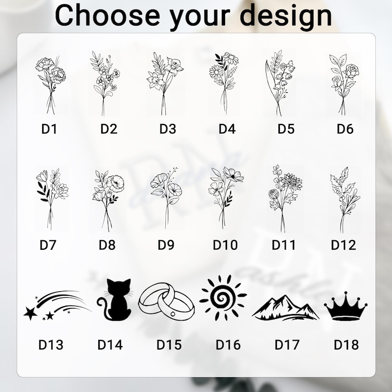 Puede incluir: Una selecci&oacute;n de 18 dise&ntilde;os, incluyendo ramos de flores, un gato, anillos de boda, un sol, monta&ntilde;as, una corona y una estrella fugaz. El texto "Choose your design" est&aacute; en la parte superior. Cada dise&ntilde;o est&aacute; etiquetado con una "D" seguida de un n&uacute;mero.