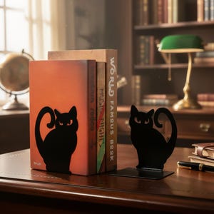 May include: Black metal cat-shaped bookends. One bookend is a silhouette of a cat with a curled tail, and the other is a matching design. The bookends are on a desk with books and a lamp in the background.