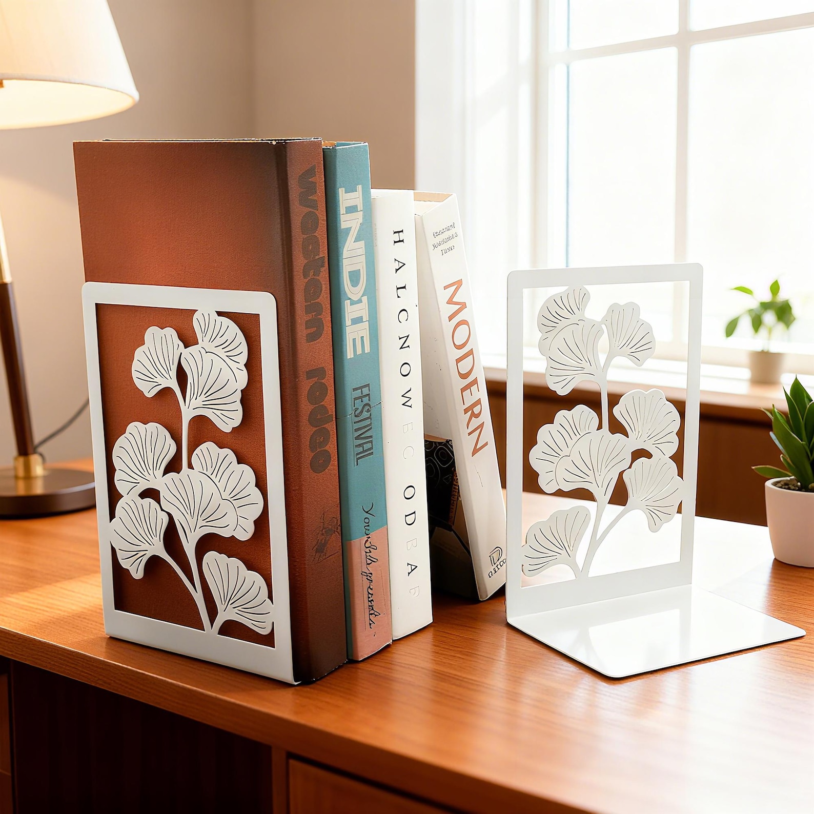 Ginkgo Leaf Metal Bookends- White, Two-piece set