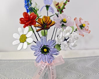 Ramo de flores de vidrio soplado a mano para el mes de nacimiento, regalo de flores de nacimiento, flores de primavera sopladas a mano, regalos de Navidad para ella/mamá, esculturas de flores de vidrio hechas a mano