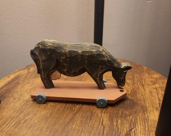 Figura de polea de vaca de madera vintage, decoración rústica para el hogar