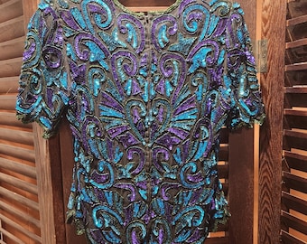 Blusa vintage de lentejuelas azules y moradas de Laurence Kazar