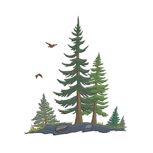 Desenho de bordado à máquina com pinheiros e abetos sobre pedras com pássaros: Paisagem natural