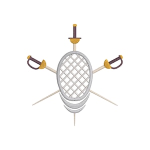 May include: Embroidered design featuring a fencing mask and three crossed swords. The mask is white with a grid pattern, and the swords have gold hilts and purple handles. The design is set against a white background.