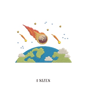 May include: Embroidered design featuring a fiery comet streaking towards a blue and green Earth. The design includes stars, clouds, and the text "4 SIZES" at the bottom. The comet is orange, red, and yellow.