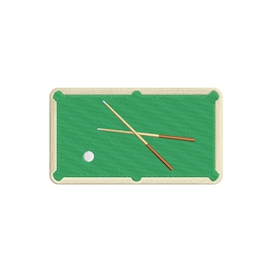 May include: Embroidered patch featuring a green pool table with a white cue ball and two crossed pool cues. The patch has a beige border and is set against a white background. A fun accessory for clothing or bags.