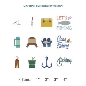 Ice Fishing Icons Mini Elements Text Bundle Embroidery Design: Lifestyle Tools Machine Pattern