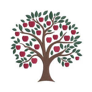 May include: An embroidery design of an apple tree featuring a brown trunk and branches, dark green leaves, and numerous red apples distributed throughout the canopy. The design uses a textured stitch pattern to create the tree and fruit shapes.