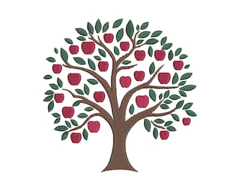 May include: An embroidery design of an apple tree featuring a brown trunk and branches, dark green leaves, and numerous red apples distributed throughout the canopy. The design uses a textured stitch pattern to create the tree and fruit shapes.