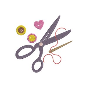 May include: An embroidered design featuring a pair of gray scissors, a needle with red thread, and several colorful buttons. The buttons are yellow, pink, and brown. The design is on a white background.