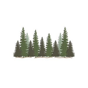 May include: An embroidered design featuring a row of evergreen trees in varying shades of green. The trees are detailed with textured stitching, creating a forest scene. The design is set against a plain white background.