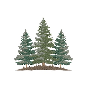 Könnte beinhalten: Ein Stickdesign mit drei immergrünen Nadelbäumen in verschiedenen dunklen und hellen Grüntönen. Die Bäume sind so angeordnet, dass der höchste in der Mitte steht, und alle ruhen auf einer strukturierten braunen Basis, die einen Erdhügel darstellt.