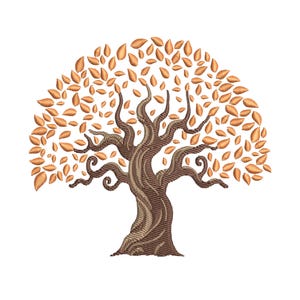 Leafy Autumn Curved Trunk Tree Embroidery Design: Nature Trees Machine Pattern