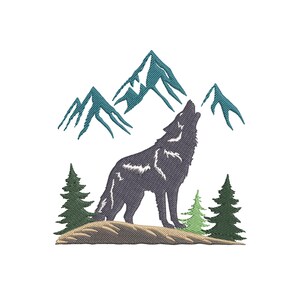 May include: An embroidery design featuring a dark gray wolf howling at the sky, positioned on a tan rocky mound. The scene includes three teal mountain peaks in the background and two dark green pine trees flanking the wolf on the ground.