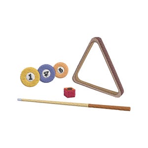 May include: An embroidered design featuring three circular billiard balls numbered one, four, and five in yellow, purple, and orange. A tan triangular rack, a small red cube of chalk, and a long tan and brown pool cue stick are also included.