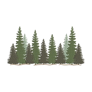 Könnte beinhalten: Ein Stickmuster mit einer Reihe von immergrünen Bäumen in verschiedenen Grüntönen, darunter dunkles Waldgrün, Oliv und Salbei. Die Bäume sind in einem dichten, geschichteten Waldmuster angeordnet, wobei die Fadenstruktur sichtbar ist.