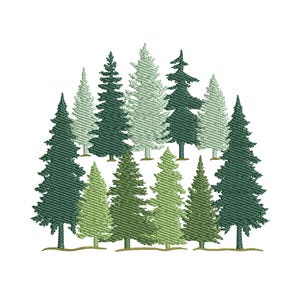 Pode incluir: Um design de bordado apresentando um grupo de árvores perenes em vários tons de verde, incluindo verde floresta escuro, sálvia e menta claro. As árvores estão dispostas em uma formação em camadas com texturas de pontos visíveis no padrão.