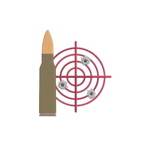 May include: An embroidered design featuring a tan and olive-green bullet next to a red target with three bullet holes. The design is on a white background.