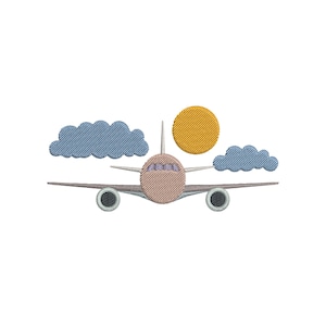 May include: An embroidered design featuring a passenger airplane, two blue clouds, and a yellow sun. The airplane is light brown with gray and white details. The clouds are a textured blue, and the sun is a textured yellow.