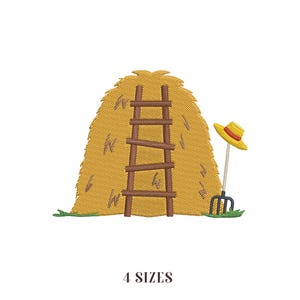 Pitchfork with Hat near Haystack with Ladder Embroidery Design: Profession Tools Pattern