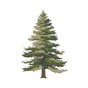 May include: An embroidered evergreen tree with a brown trunk and green and tan needles. The tree is a detailed illustration, perfect for nature-themed crafts or decor. The design is on a white background.