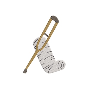 May include: An embroidered design featuring a light brown crutch leaning against a gray cast on a leg. The cast has black lines and is wrapped around the foot and lower leg. The crutch has a brown top.