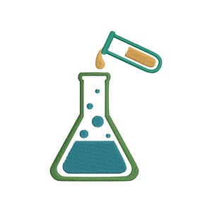 May include: An embroidered design featuring a teal Erlenmeyer flask with a green outline, filled with teal liquid and bubbles. A test tube, also with a green outline, pours a golden liquid into the flask. The design is on a white background.