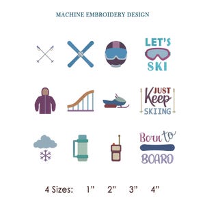 Skiing Icons Mini Elements Bundle Text Embroidery Design: Sport Equipment Machine Pattern