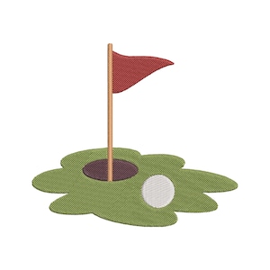 May include: An embroidered patch design featuring a green golf putting green with an irregular shape, a dark purple hole, a tan flagpole, a red flag, and a white golf ball with a textured surface, all rendered in a detailed machine embroidery style.
