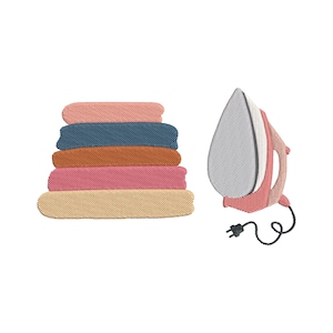 May include: An illustration of a stack of folded towels in shades of pink, blue, and tan, next to a pink and gray iron with a black cord and plug. The image is set against a white background.