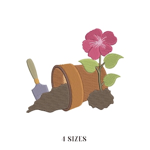 May include: An embroidered design featuring a tipped-over brown flower pot with soil spilling out. A pink flower with green leaves grows from the soil. A small trowel rests nearby. The text "4 SIZES" is at the bottom.