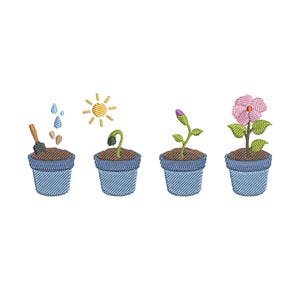Stapsgewijze handleiding voor het kweken van een plant tot een bloem: pictogrammen voor borduren met een tuinmachine.