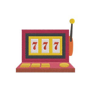 Può includere: Macchina da gioco ricamata con cornice rossa, con tre sette sui rulli. La macchina ha un display giallo, pulsanti dorati e una maniglia. Il design è su sfondo bianco.