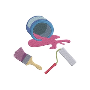 May include: An illustration of a tipped-over blue paint can with pink paint spilling out. A paintbrush with a yellow handle and a paint roller with a red handle are also shown, suggesting a painting theme.