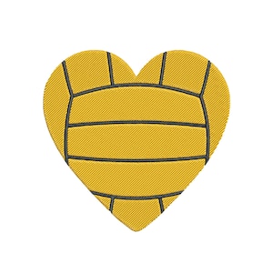 May include: A heart-shaped design featuring a yellow water polo ball pattern with black lines. The image is a close-up, showcasing the texture and details of the ball's surface. The design is set against a plain white background.
