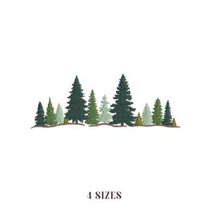 Può includere: Un ricamo raffigurante una fila di alberi sempreverdi in varie tonalità di verde e giallo, su sfondo bianco. Il testo "4 SIZES" è visualizzato sotto.