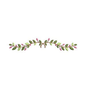 May include: A decorative embroidered design featuring a curved stem with green leaves and pink buds. The design is symmetrical, with the stem curving upwards from the center and extending outwards on both sides.